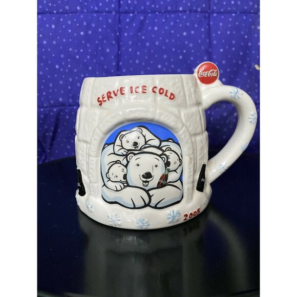 Coca-Cola Polar Bear Igloo Mug 2005 Houston Harvest Ceramic 4" Tall - Picture 4 of 7